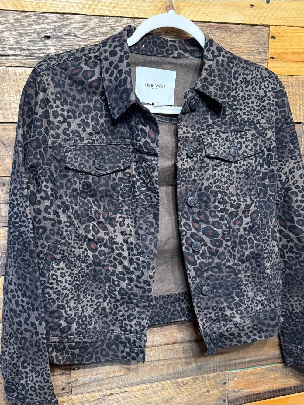 Nine West Jeans Sarah Denim Jacket Leopard Print Stretch Cotton